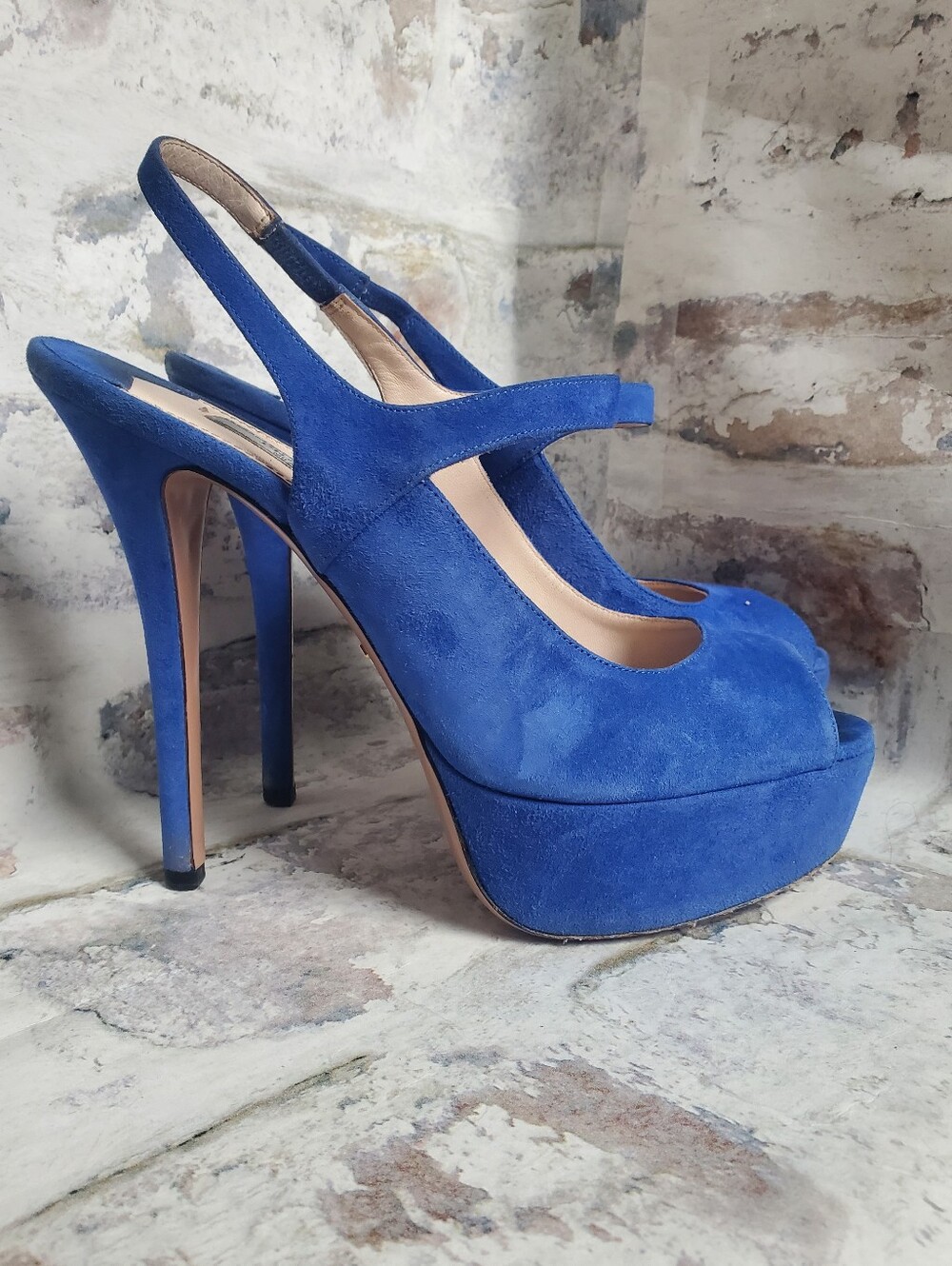 PRADA Cobalt Blue Suede Platform Peep-Toe Slingback Heels Size 40